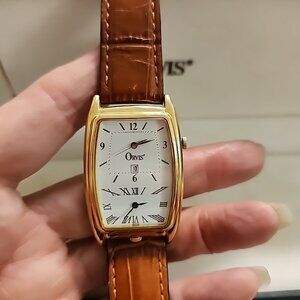 Vintage Orvis Men's Watch Dual Time Gold Tone Brown Leather Band New Battery